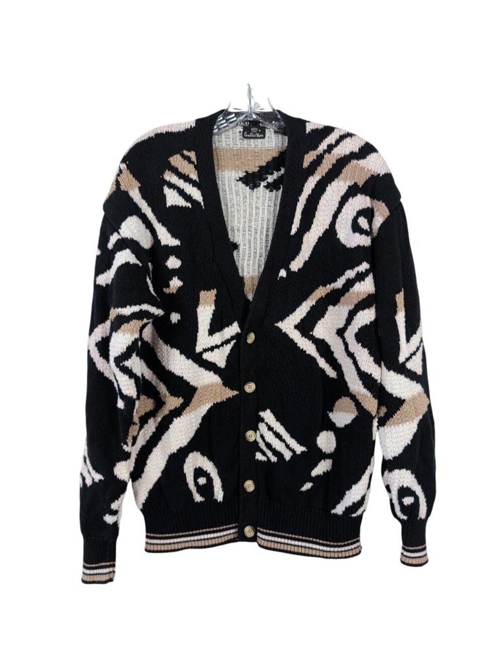 Vintage Countess Mara Cardigan L Abstract Geometric Cotton Sweater Black Tan 90s